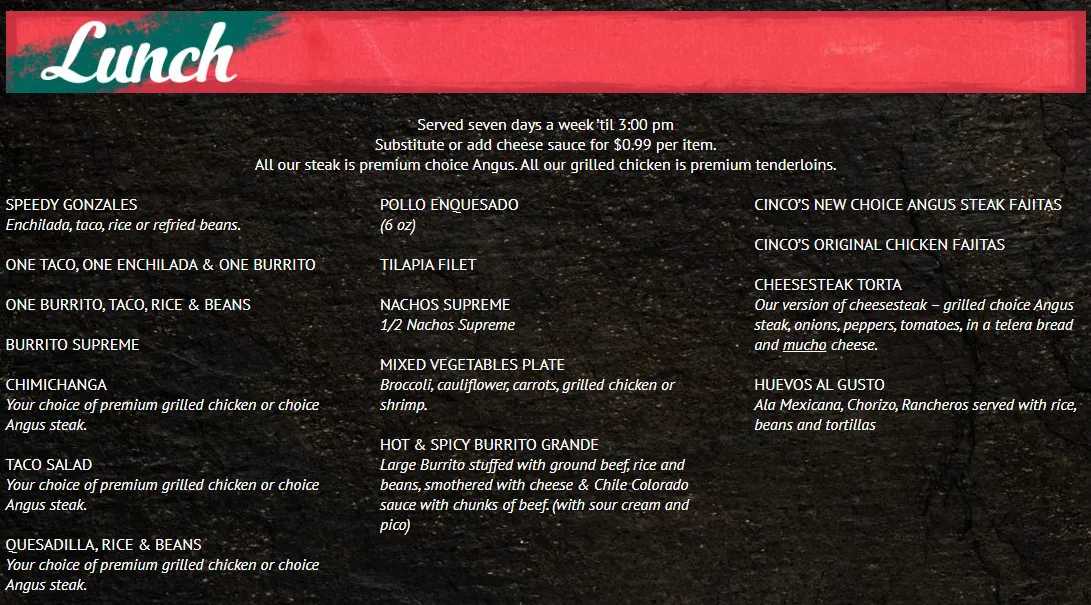 Cinco De Mayo Mexican Restaurant menu