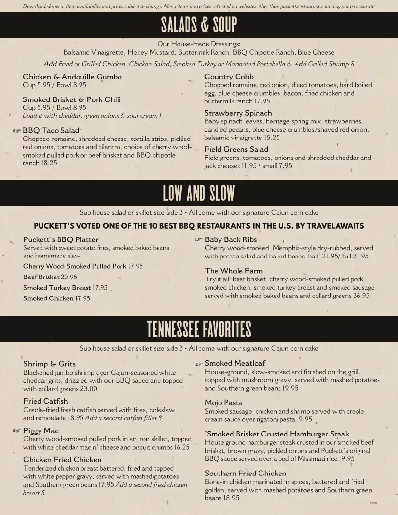 Puckett's Restaurant menu